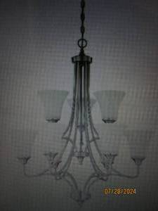 lot 231 image: Sunset Lighting F18059-80 Darby Nine Light 2-Tier Chandelier - Opal Etched Glass, Dimmable - with Bright Satin Nickel Finish