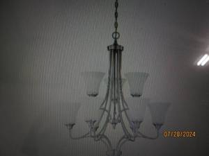 lot 232 image: Sunset Lighting F18059-80 Darby Nine Light 2-Tier Chandelier - Opal Etched Glass, Dimmable - with Bright Satin Nickel Finish