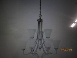 lot 233 image: Sunset Lighting F18059-80 Darby Nine Light 2-Tier Chandelier - Opal Etched Glass, Dimmable - with Bright Satin Nickel Finish