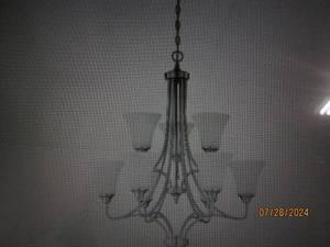 lot 234 image: Sunset Lighting F18059-80 Darby Nine Light 2-Tier Chandelier - Opal Etched Glass, Dimmable - with Bright Satin Nickel Finish