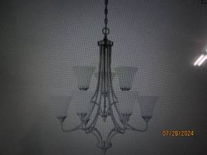 lot 235 image: Sunset Lighting F18059-80 Darby Nine Light 2-Tier Chandelier - Opal Etched Glass, Dimmable - with Bright Satin Nickel Finish