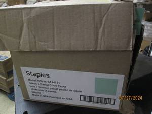 lot 34 image: case of staples green pastel copy paper 10 reams
