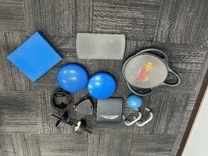 lot 82 image: Assorted workout equipment (ab rollers, push-up handles, balance mats, etc.)
