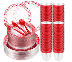 lot 204 image: GREEN 300PCS Yaomiao Christmas Buffalo Plaid Plates Set