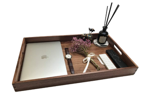 lot 241 image: MAGIGO Large Rectangle Black Walnut Wood Ottoman Tray with Handles