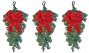lot 242 image: 3PCS Pre-Lit Artificial Pine Christmas Teardrop Swags with Wired Red Bows
