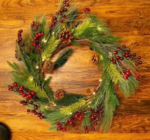 lot 259 image: Red Co. Light-Up Christmas Wreath with Pinecones & Evergreens