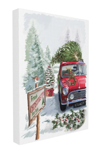 lot 271 image: The Stupell Home Decor Collection Holiday Fresh Christmas Trees on a Red Car Truck Painting