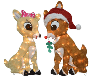 lot 556 image: 2PCS Rudolph Pre-Lit 2D Rudolph and Clarice Sitting with Mistletoe Christmas Decor