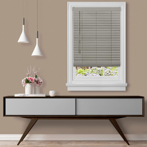 lot 424 image: Cordless Room Darkening Plantation Blind - 31 Inch Width, 64 Inch Length, 2 Vinyl Slat Size - Grey - GII Madera Falsa Faux Wood