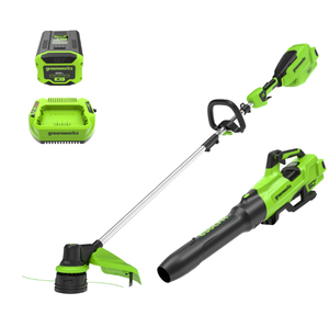 lot 30 image: Greenworks 60V 16 String Trimmer & 630 CFM 170 MPH Blower Combo Kit with 2.5Ah Battery & 3 Amp Charger