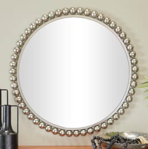 lot 43 image: Round Framed Silver Wall Mirror with Bead Detailing