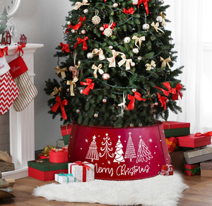 lot 341 image: Auir Metal Christmas Tree Collar, Merry Christmas Pine Trees Tree Ring Holiday Decor