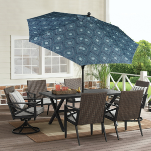 lot 461 image: Better Homes & Gardens Outdoor Blue Medallion Round Crank Premium Patio Umbrella