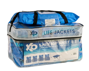 lot 494 image: X20 5-Pack Boat Bundle Universal Life Jacket 4-Pack Plus Throwable Boat Cushion in Blue