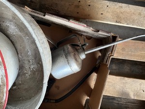 Organizer, grease gun and tubes, vintage tools