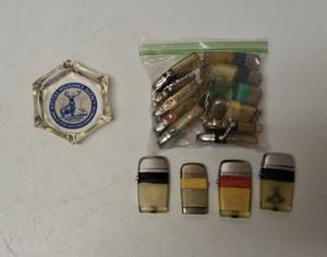 Vintage Collectable (11) Clear Vintage Lighters and Vintage local advertising Ashtray