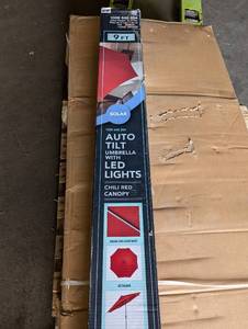 lot 13 image: Hampton Bay 9 ft. Aluminum Market LED Solar Tilt Patio Umbrella in Chili