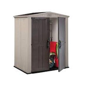 lot 52 image: KETER Factor 6 ft. W x 3 ft. D Outdoor Durable Resin Plastic Storage Shed with Double Doors, Taupe and Brown (22.9 sq. ft.)