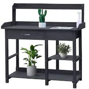 lot 54 image: VEIKOUS 47.9 in. H x 42.1 in. W x 15.3 in. D Dark Grey Wooden Garden Potting Bench Table with Removable Stainless Sink & Drawer