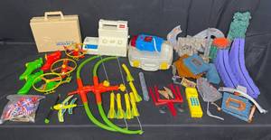 lot 21 image: Great Lot of Toys - VTG and Modern. Bow and Arrows, Phone, Football Game, Helicopters, Darts, First Aid Case (empty) and Much More - Excellent Condition