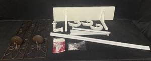 lot 31 image: 2 Decorative Wall Sconces, White Wall Shelf, and Curtain Rod with Mounting Accessories