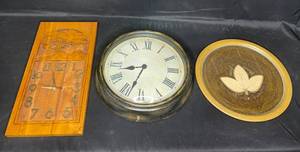 lot 37 image: 2 Clocks & Decorative Plate w Embossed Leaf (made in Columbia)