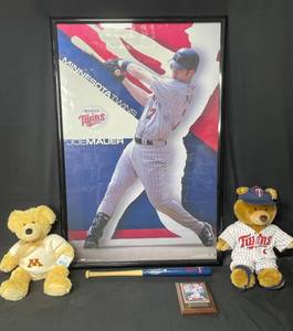lot 44 image: Hall of Famer - Joe Mauer Small Plaque, Framed Joe Mauer Poster, MN Twins Teddy Bear, UofMinn Teddy Bear, MN Twins Mini Baseball Bat