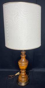 lot 55 image: VTG Wooden Base Table Lamp w Ivory Shade & Gold Trim