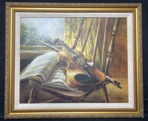 lot 61 image: Framed Print of Violin on Chair w Sheet Music Signed by T. Milton