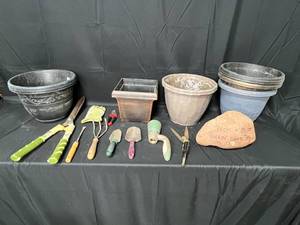 lot 64 image: Lot of Plastic Planters and Gardening Tools. Rock with Phrase Prom  Me  Rockin Good Time
