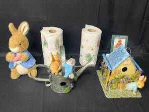 lot 70 image: Beatrix Potter Peter Rabbit Collection inc 2 Paper Towel Rolls, Book, Stuffed Animal, Metal House and Metal Watering Can