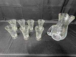 lot 71 image: Princess House Heritage Collection Etched WaterCocktail Pitcher 10.5, Set of 7 VTG Engraved Floral ParfaitIced TeaWater Glasses