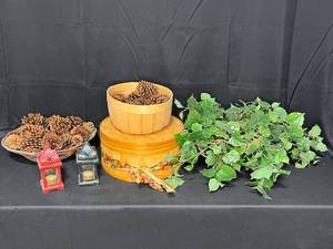 lot 76 image: Home Decor - Faux Plant, 2 Tea Light Candle Lanterns, Baskets of Pine Cones and Round Wooden Storage Box w Inserts