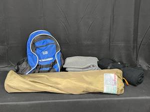 lot 80 image: Embark Fold Up Chair, 2 Blankets - 1 Black (Liberty Mutual and One Grey) & Blue Sporting Goods Backpack
