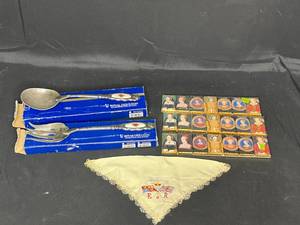 lot 81 image: Royal Doulton Old Country Roses Collection Silver Plated Serving Spoon and Fork, Henry VIII and His Six Wives Fine Chocolate Mints, 1953 Coronation Handkerchief