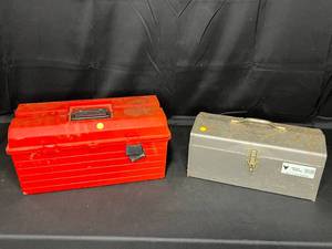 lot 84 image: 2 Old Toolboxes w Assortment of Old Tools & Hardware