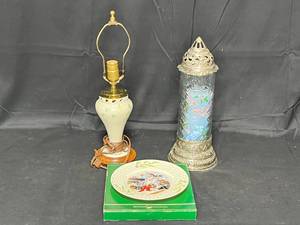 lot 110 image: Belleek Shamrock Lamp Base, Belleek Santa Scene Holiday Plate w Original Box and Etched Glass Candle Holder w Beautiful Blue FloralBird Themed Pilar Candle