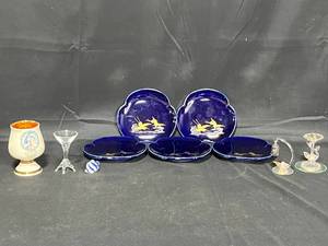 lot 117 image: Prinknash Pottery 24K Gold Accented Cup, 5 Vintage Decorative Plates, Miniature Blow Glass Bird Bath, Bird and Hanging Bird Cage and More