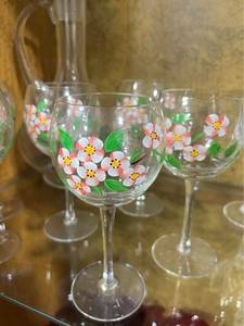 lot 177 image: VTG Set of 6 Hand Painted Wine Glasses & Pitcher