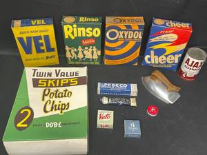 lot 99 image: Vintage Twin Value Skips Potato Chip Box, Vel Box, Rinso Box, Cheer Box, Ajax Can and More Vintage Product Containers