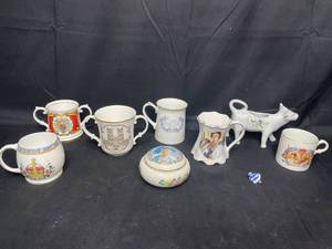 lot 102 image: 25th, 40th and 50th Anniversaries of Queen Elizabeth II Mugs, Royal Winton Grimwades God Save the King Cup, St. George China Queen Elizabeths 80th Birthday Mug, Aybsley Queen Elizabeth II Coronation Mug and MORE