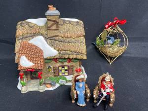 lot 104 image: Dept. 56 Dickens Village Series Hollyberry Cottage, Katherines Collection Blue Jay Birds Nest and Royal Miniature Figurines