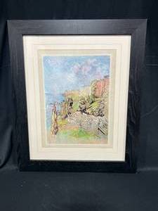 lot 207 image: Framed & Matted Colored Print of Village Against Coastline