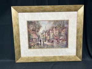 lot 213 image: Framed Picture by Bjorkland Horse & Buggy Downtown Scene