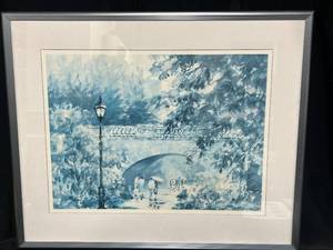 lot 221 image: Lou Roman Signed Picture of Bridge & Couples w Umbrellas 187700