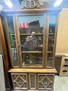 lot 4 image: VTG China Cabinet w Beautiful Wood Work Designs