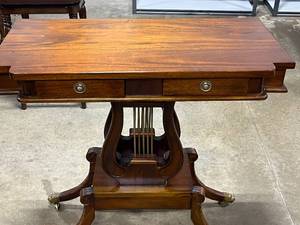 lot 173 image: Antique Lyre Clawfoot Wheeled Console Table w 2 Drawers