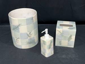 lot 152 image: Rainer Waste Basket, Tissue Box Cover and Liquid Soap Dispenser - Light BlueGreen and Cream Check and Floral Pattern