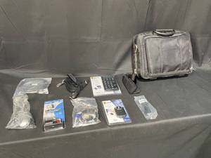lot 135 image: Soft Shell Computer Bag  Headset  Various Cords and Adapters